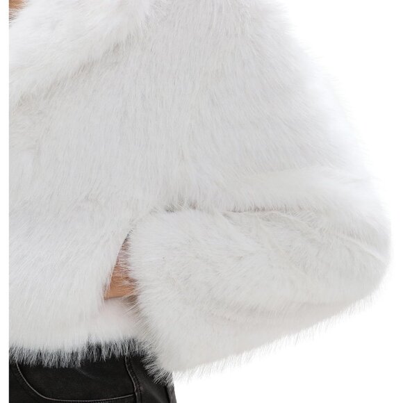 Women's Faux Fur Crop Lapel Jackets Open Front Long Sleeves Coat Pockets White - Picture 5 of 5